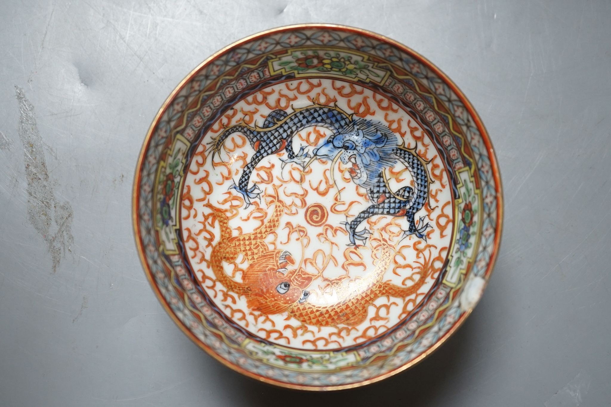 A Chinese brushpot, famille rose dish and a 'dragon' bowl, largest measurement 31cm